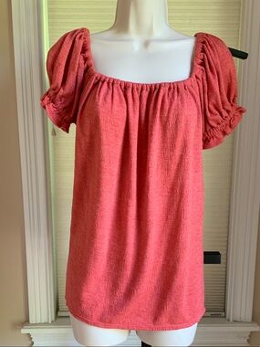 Coral Puff-Sleeve Peasant Top